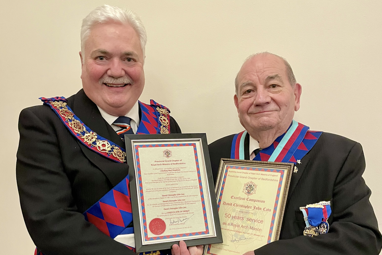 Most Excellent Grand Superintendent Presents His Certificate of Merit to E. Comp. David Cato