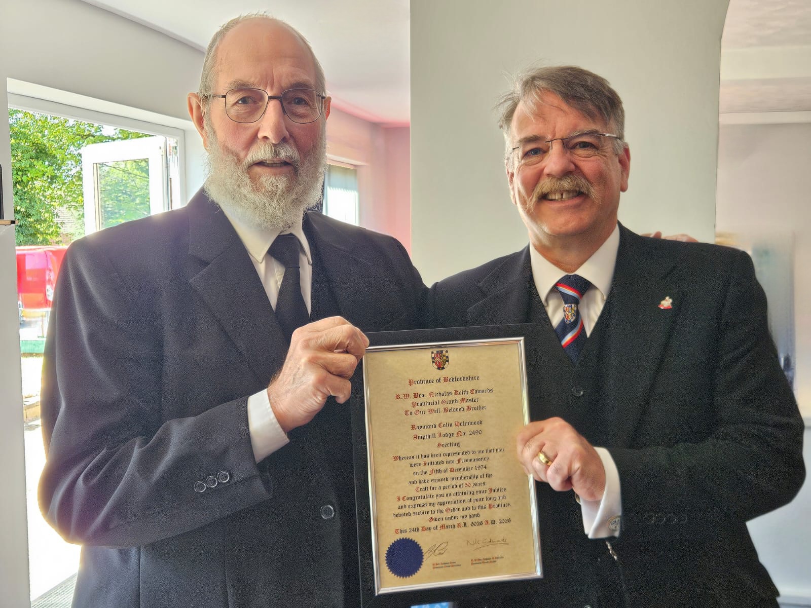 Michael Sawyer Lodge of Reunion – Raymond Holmwood 50 year Certificate.